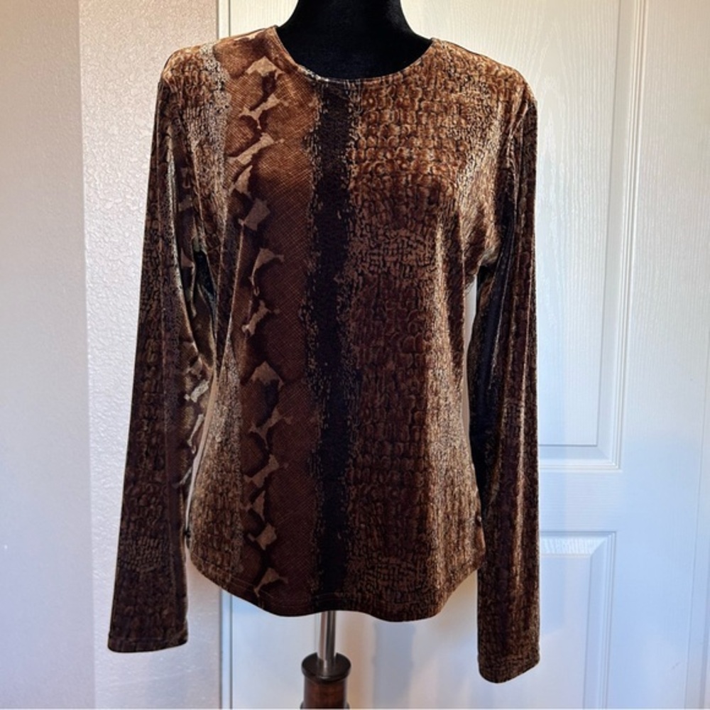 Vintage Georgiou Studio‎ Brown Snakeskin Print Velvet Blouse Shirt Size XL